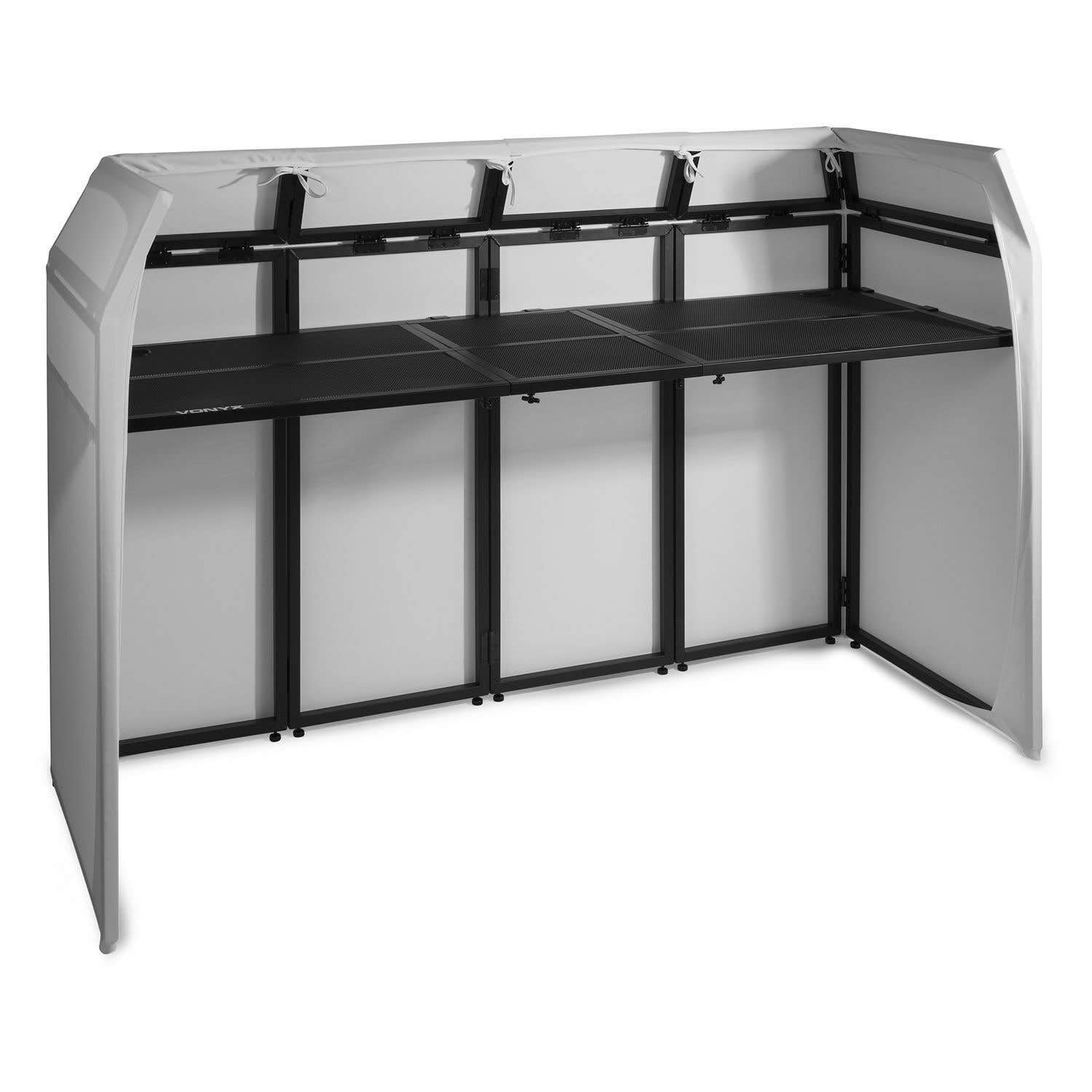 Vonyx DB5 Pro DJ Booth DJ Stand DJ - Tavolo da DJ, Pieghevole, in Alluminio, con Copertura Bianca e Nera, Materiale di Copertura: Lycra, Borsa inclusa, Carico Massimo: 80 kg