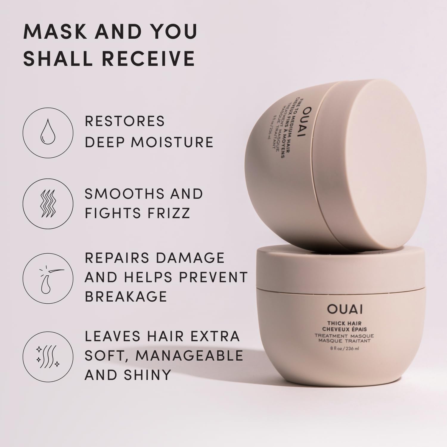 OUAI Mascarilla Thick - Tratamiento capilar con aceite de almendra, aceite de oliva y queratina hidrolizada para reparar el cabello dañado - Sin ftalatos ni parabenos (100 ml)