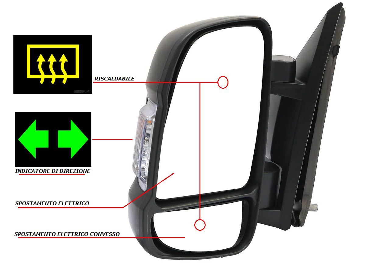 Alta Qualità Aftermarket Specchietto Elettrico Termico Sinistro retrovisore SX Ducato Dal 2006-2024 Braccio Corto standard,Sbrinamento Rapido,Freccia Integrata