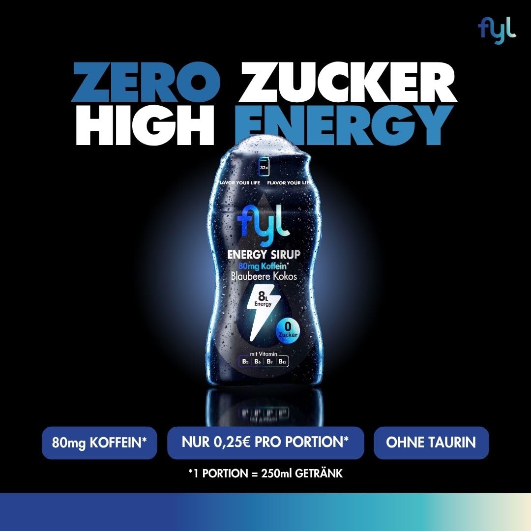 fyl Energy Sirup Zuckerfrei Blaubeere Kokos 65ml – bis zu 8l Energy Drink, Zero Zucker, mit Koffein & Vitamin B Komplex, kalorienarm, ohne Taurin, Getränkekonzentrat