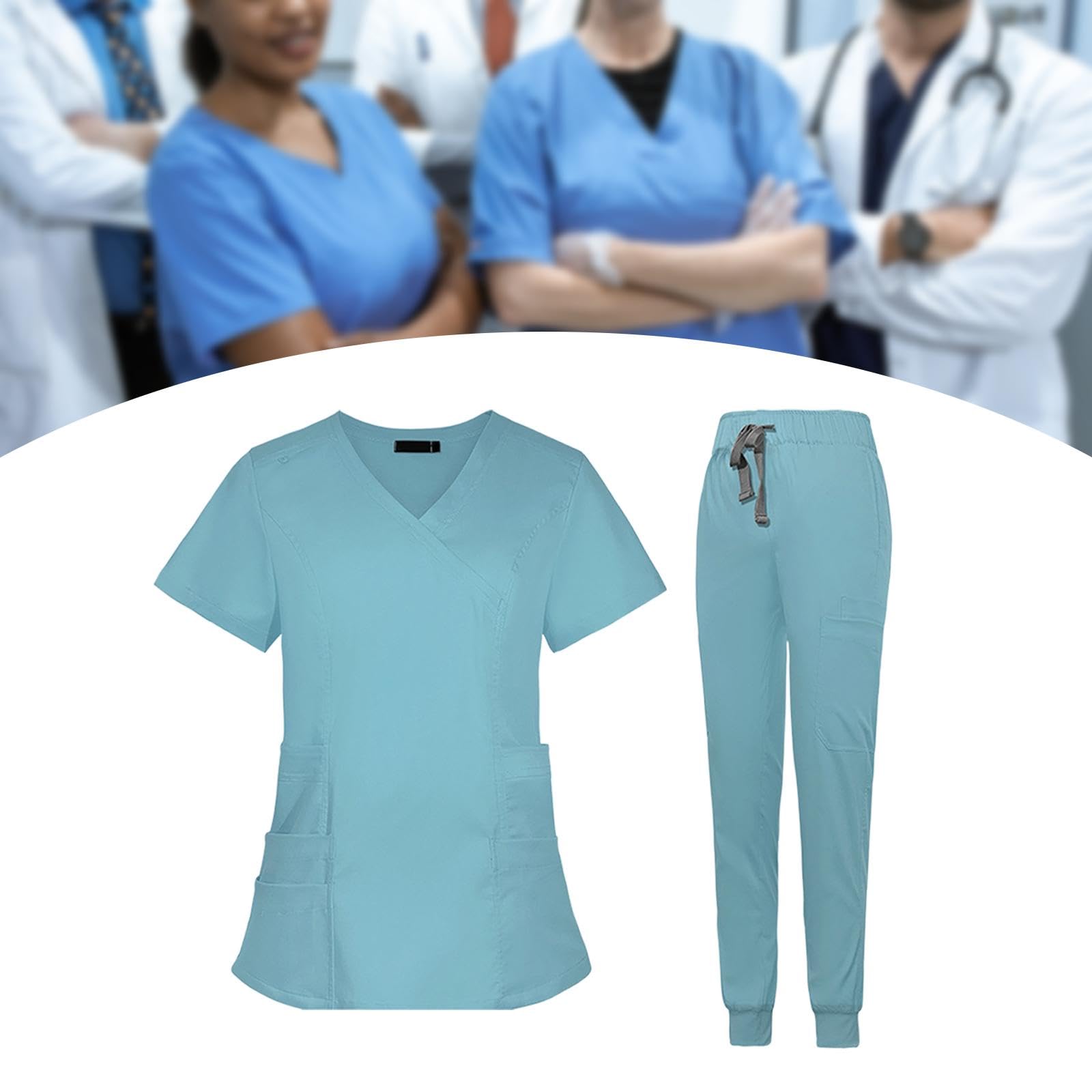 Colcolo Pflegeuniform Damen Kasack Jogginghose Set Arbeitskleidung V Ausschnitt Kurzarm Oberteil Mehrfachtaschen Elastischer Bund Atmungsaktiv Fü, Hellblau, m