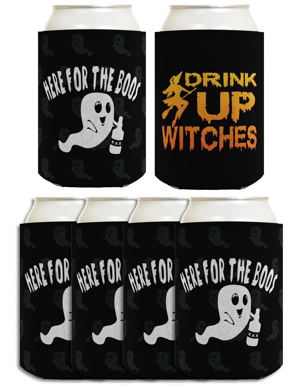 Womens Halloween Party Decorations Drink Up Witches Here For The Boos 2 Sided 6-Pack Can Drink Sleeves