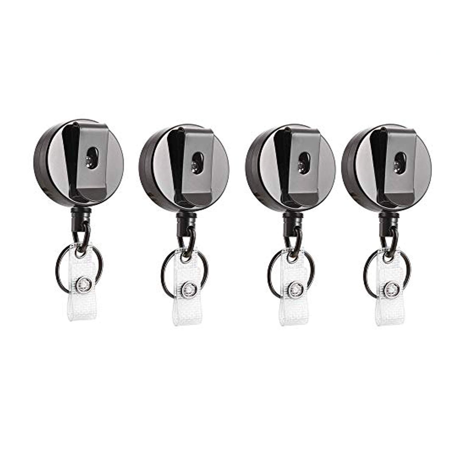 FORSUN4 Pcs Heavy Duty Retractable Badge Holder Reel, Will Well Metal ID Badge Holder with Belt Clip Key Ring forI ID Card Keychain [ All Metal Casing, Reinforced Id Strap, Steel Wire Cord Reel 27.5