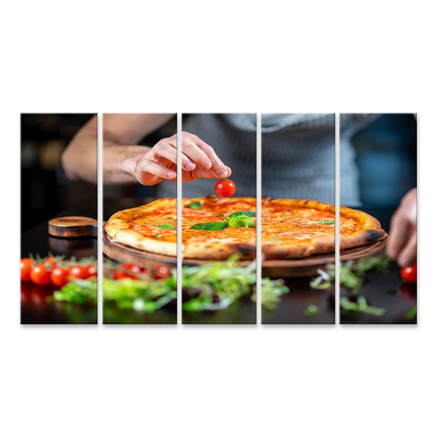 islandburner Quadro su tela Il pizzaiolo prepara il condimento per la pizza italiana Il negozio di kebab La pizzeria Spuntino veloce Quadri Stampe Immagini Murale Decorazione da parete