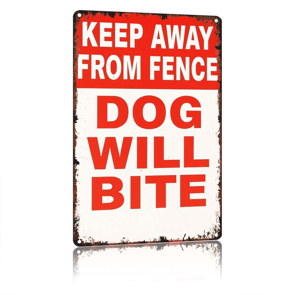 peiyeety Keep Away From Fence Dog Will Bite Warning Sign, 12X8in Vintage Aluminum Metal Tin Sign, Waterproof Rustproof Retro Decorative Sign For Garden Fence Yard Outdoor Wall Decoration