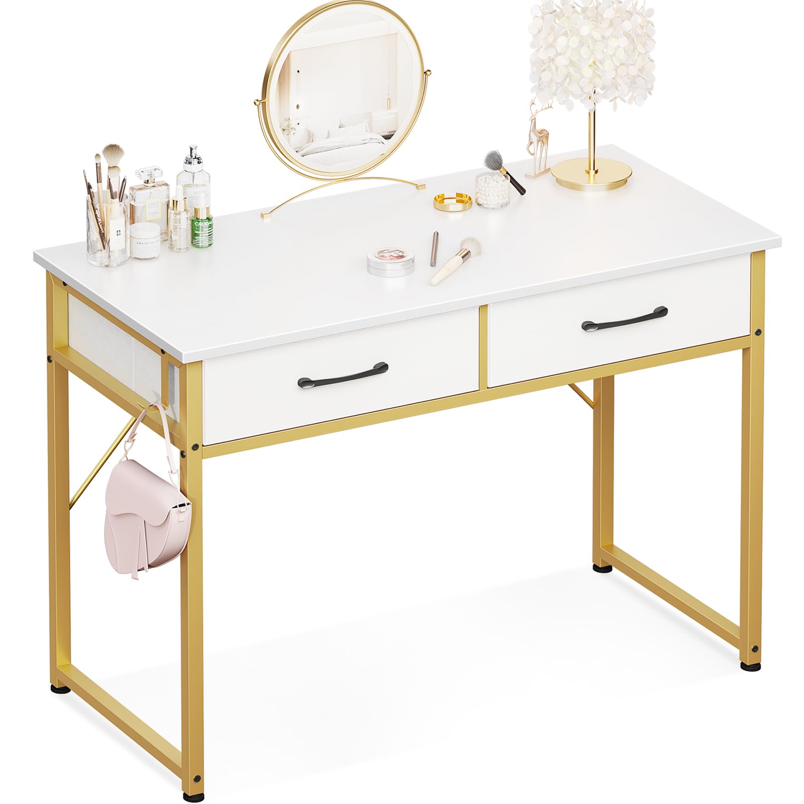 ODK Vanity Desk with Fabric Drawers & Storage, Makeup Dressing Table with Versatile Hook, Home Office Desks for Bedroom, Modern Writing Desk for Small Spaces, White and Gold Leg, 40"x16" (No Mirror)