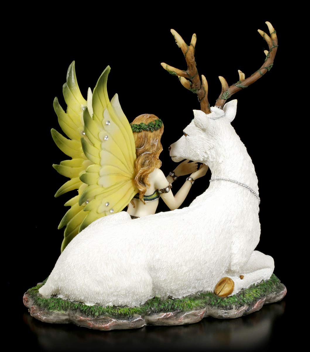 Figuren Shop GmbH Elfen Figur weißem, liegenden Hirsch - Adoration | Fantasy-Figur, mit Schmucksteinen verziert, handbemalt
