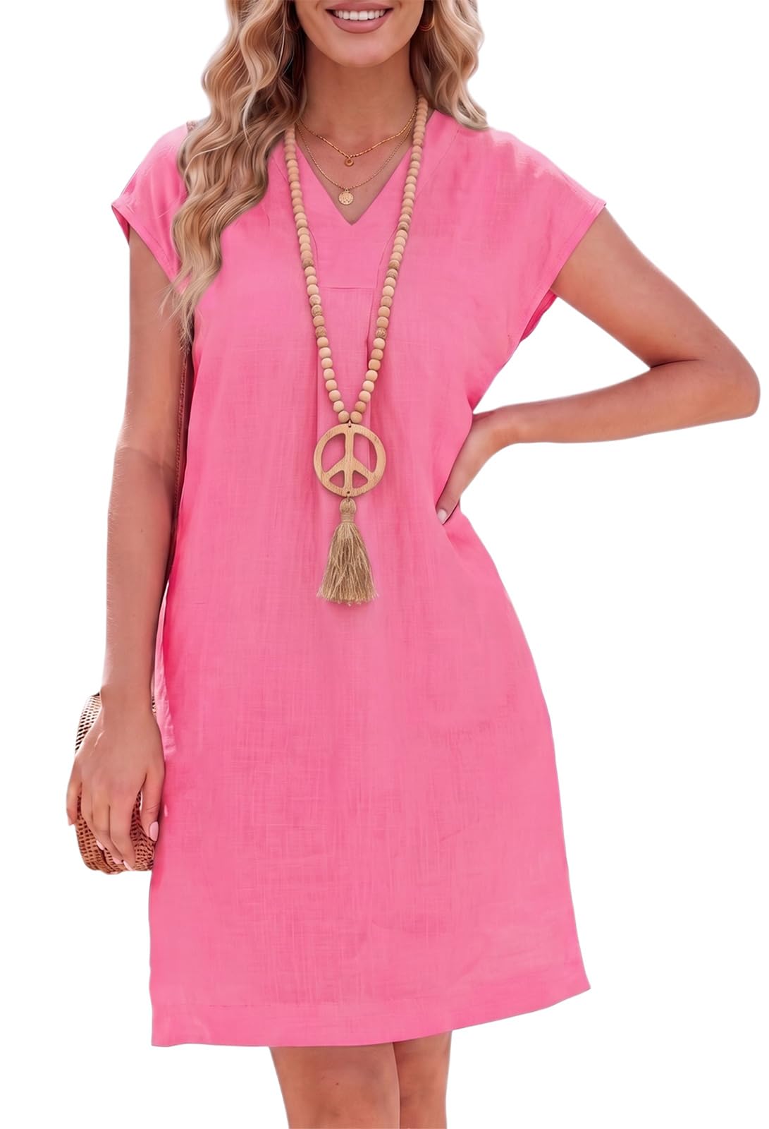 YUTILA Abito estivo da donna in lino, con scollo a V, 100% lino, leggero, con tasche laterali