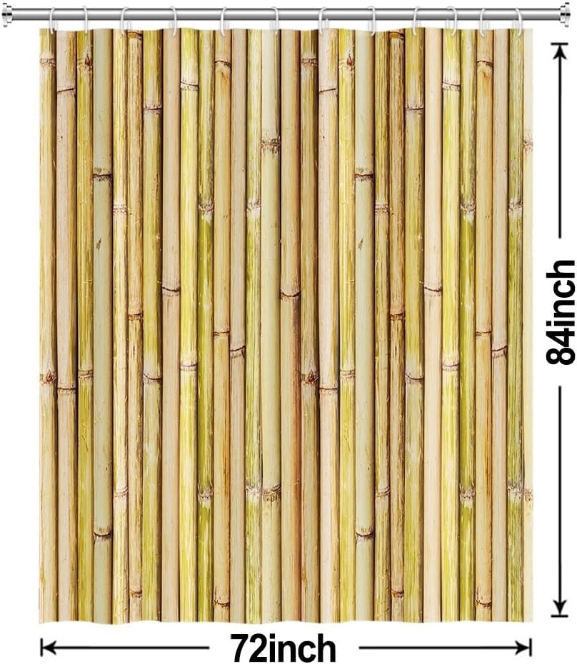 Bamboo Shower Curtain, Green and Yellow Nature Plant Shower Curtain for Bathroom Waterproof Botanical Bathroom Decor with Hooks, 72x84 Inch