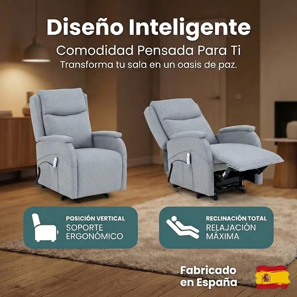 Sillón Levanta Personas Eléctrico | 2 Motores Independientes | Función Reclinable, Elevación de Pies | Desenfundable | Ruedas con Bloqueo | Ergonomía, Máximo Confort | Medidas 108x68x96/163cm (Gris)
