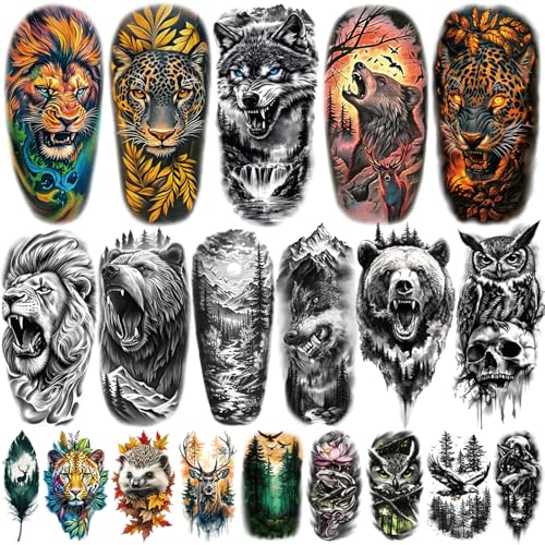 77 Sheets Temporary Tattoos, 17 Sheets Half Arm Wolf Lion Tiger Bear Leopard Eagle Fake Tattoos for...