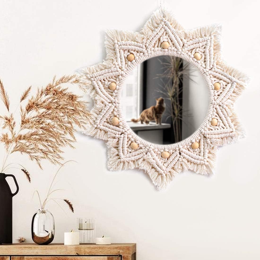 Espejo de pared de macramé boho de 40 cm, redondo, estético, decoración de pared para dormitorio, hogar, dormitorio, salón, pasillo, baño