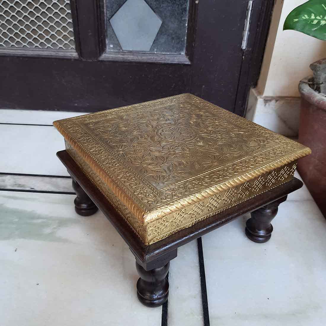 Apka Mart The Online Shop Handcrafted Brass Embellished Chowki Wood (Golden) 10 Inch for Weddings/Pooja/Temple