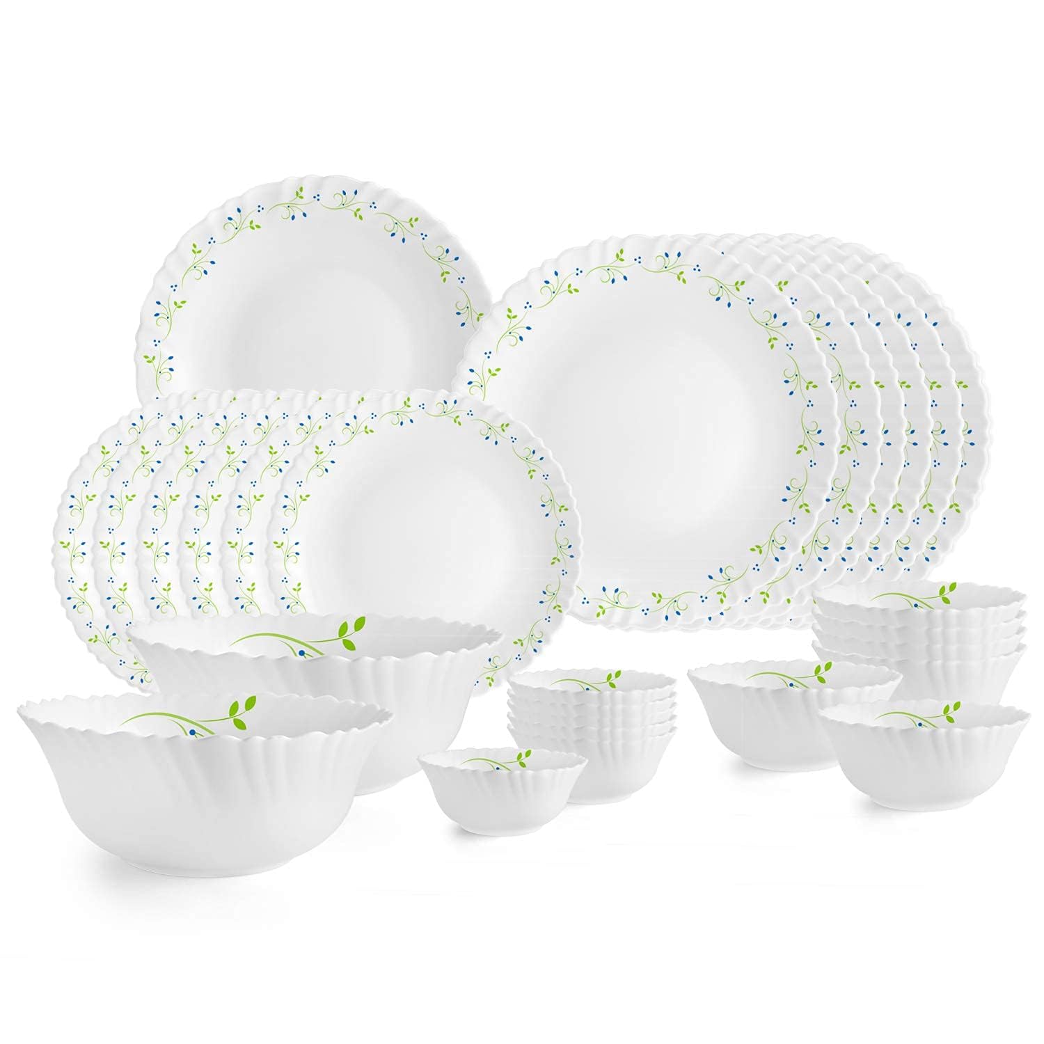 CELLO Tropical Lagoon Dazzle Series Opalware Dinner Set of 27 Pieces For Family of 6 | Bone-Ash Free & Leadfree Opal Glass, Microwave & Dishwasher Safe Plates & Bowls Crockery Set For Dining & Gifting
