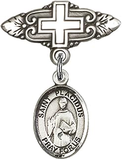 Sterling Silver Baby Badge with St. Placidus Charm and Badge Pin with Cross 1 X 3/4 inches