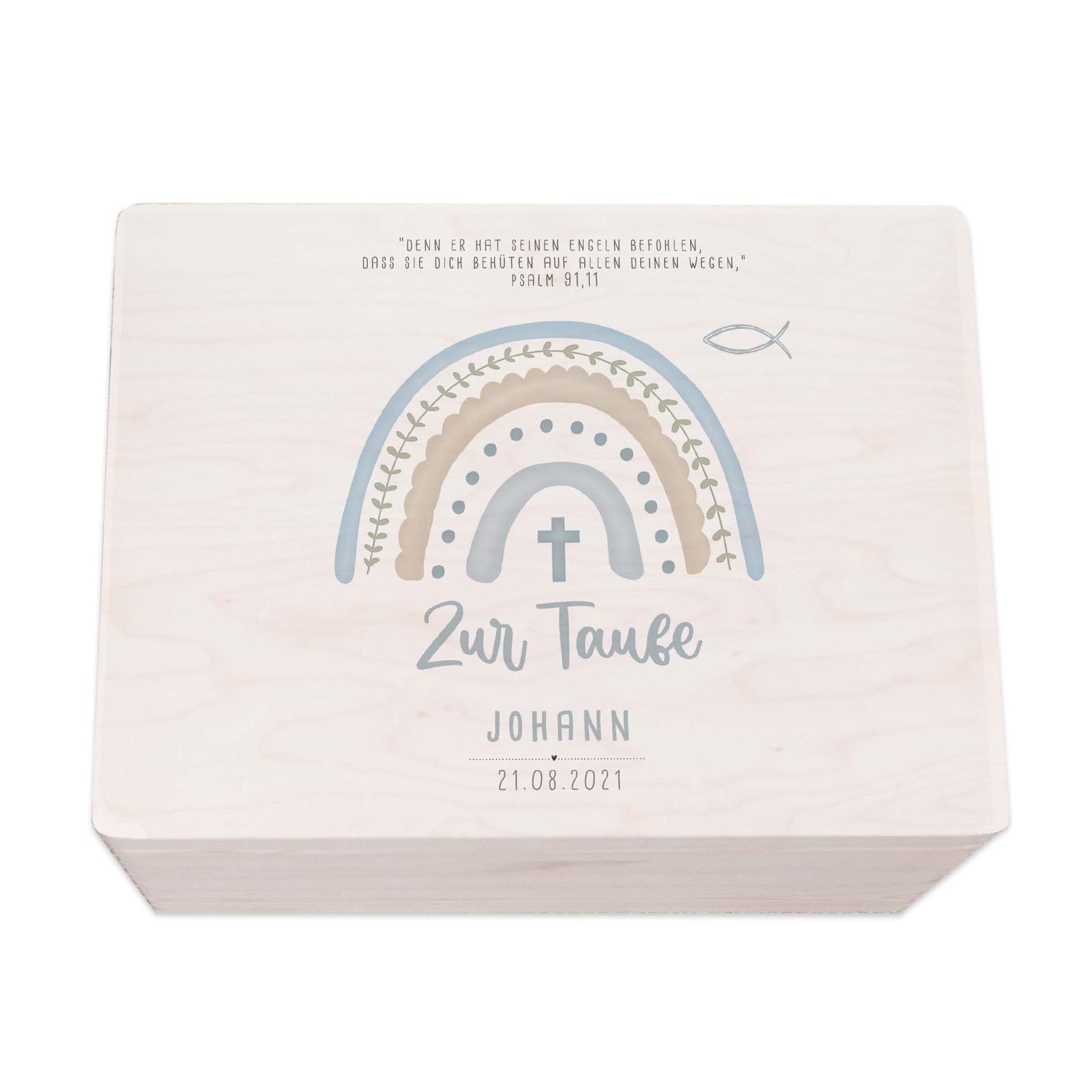 hellomini Taufgeschenke - Personalisierte Erinnerungsbox Taufe aus Holz - Taufgeschenke für Mädchen - Taufgeschenke Jungen - Taufe Geschenk (Regenbogen blau Druck, M: 40x30x14cm)