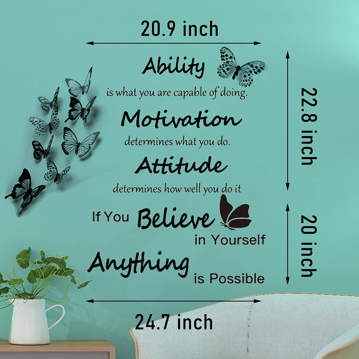 Inspirational Wall Decals with 3D Butterfly, Vinyl Wall Quotes Stickers
