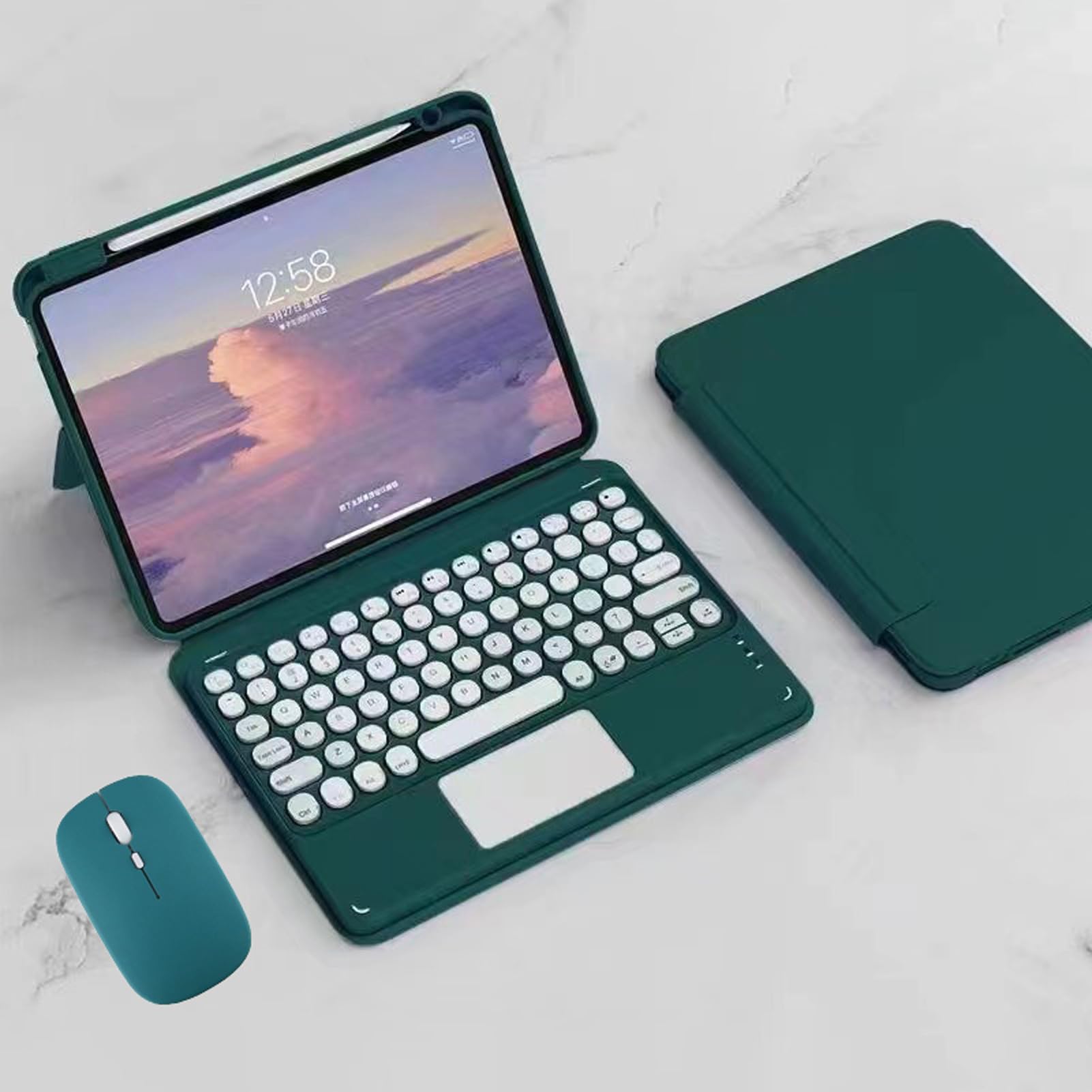 Funda con Teclado Vertical para iPad 10,2 Pulgadas 9ª/8ª/7ª Generación (2021/2020/2019), Trackpad Multi-Touch, Español QWERTY Teclado Inalámbrico Desmontable con Ratón Bluetooth, Verde Oscuro