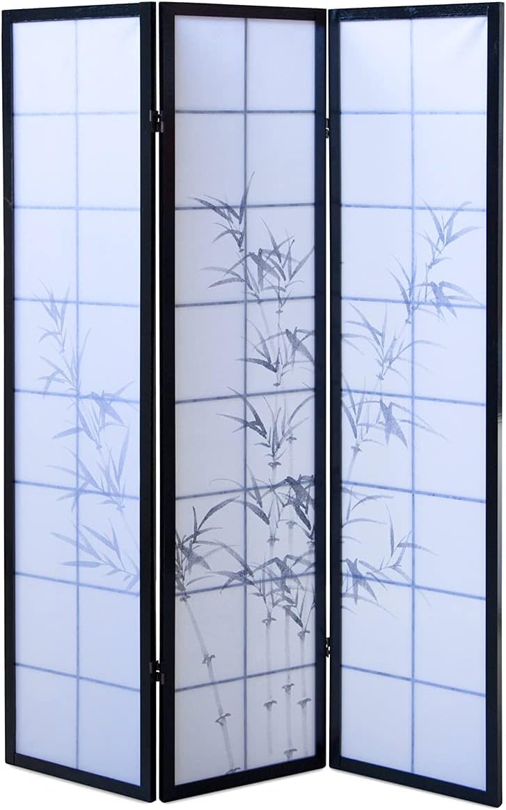 PEGANE Paravent Japonais en Bois Noir avec Dessin Bambou de 3 pans
