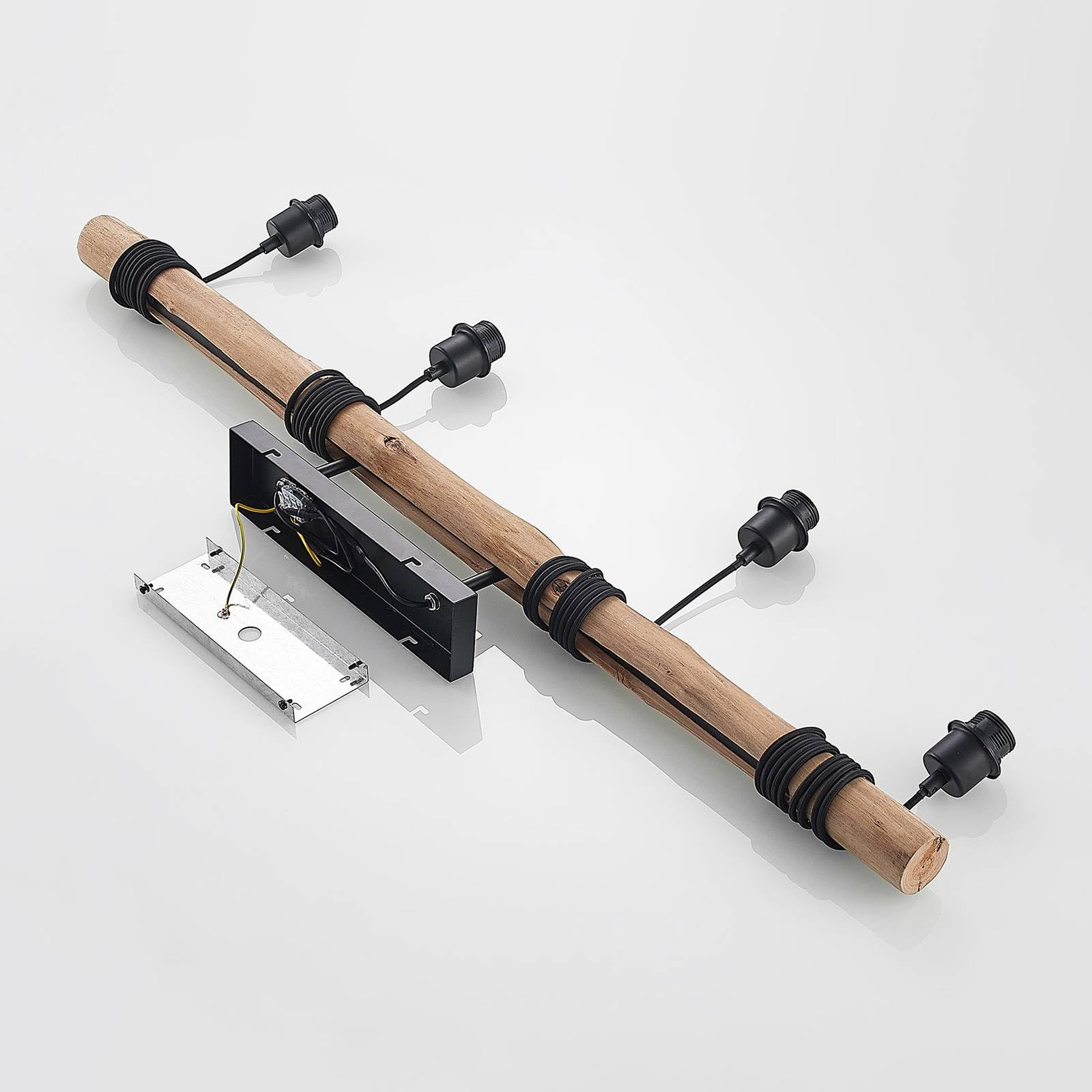 Lindby Esstisch Pendelleuchte Holz, Textil Balkenpendelleuchte Holzast und Stoff Lampenschirm Hängelampe Lampe Wohnzimmer 4x E27 ohne Leuchtmittel