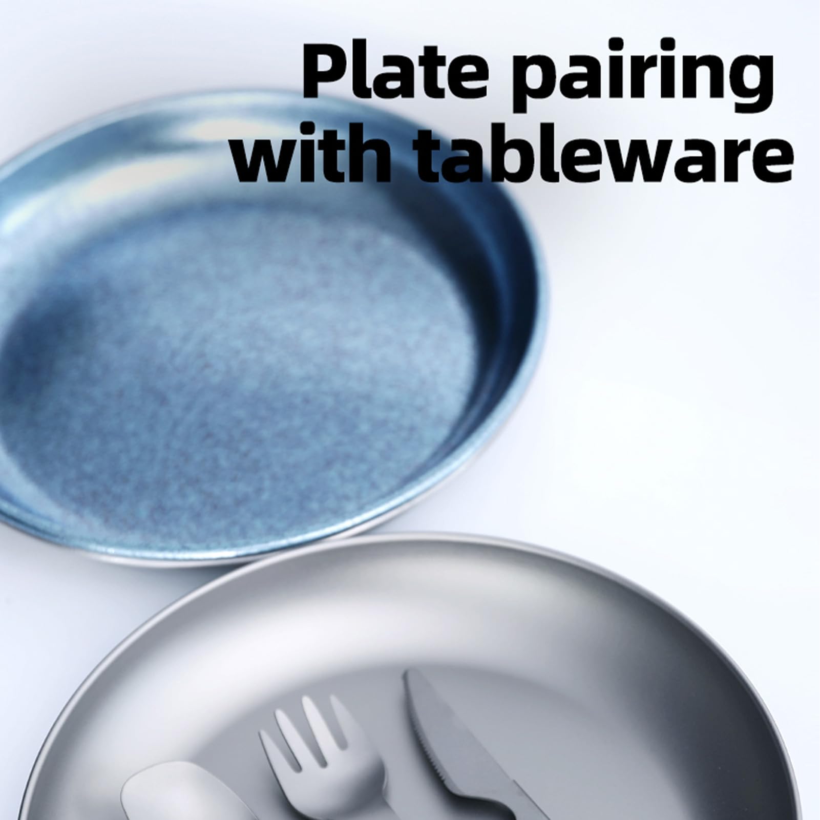Campingteller, Titan-Grillteller, Metall-Salatteller, Ultraleichtes Outdoor-Ess-Set für Camping, Grillen, Eiskristallblau, 3-teiliger Anzug (Eiskristallblau)