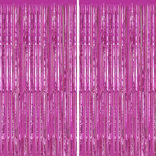 Image of DECOCKRAT 2 Pack Foil Fringe Backdrop - Hot Pink Shiny Tinsel Curtains for Party Decoration /Photo Booth Props - 3.3x6.6 FT Metallic Foil Backdrop for Birthday, Wedding, Graduation, Christmas.
