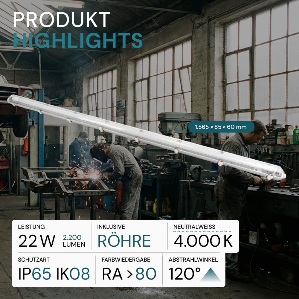 LUXULA 4er Pack LED Wannenleuchte 150cm mit 1x 22W LED Röhren T8 G13 Sockel, 4000K Neutralweiß, 2200lm - IP65 Feuchtraumleuchte für Werkstatt Keller Garage