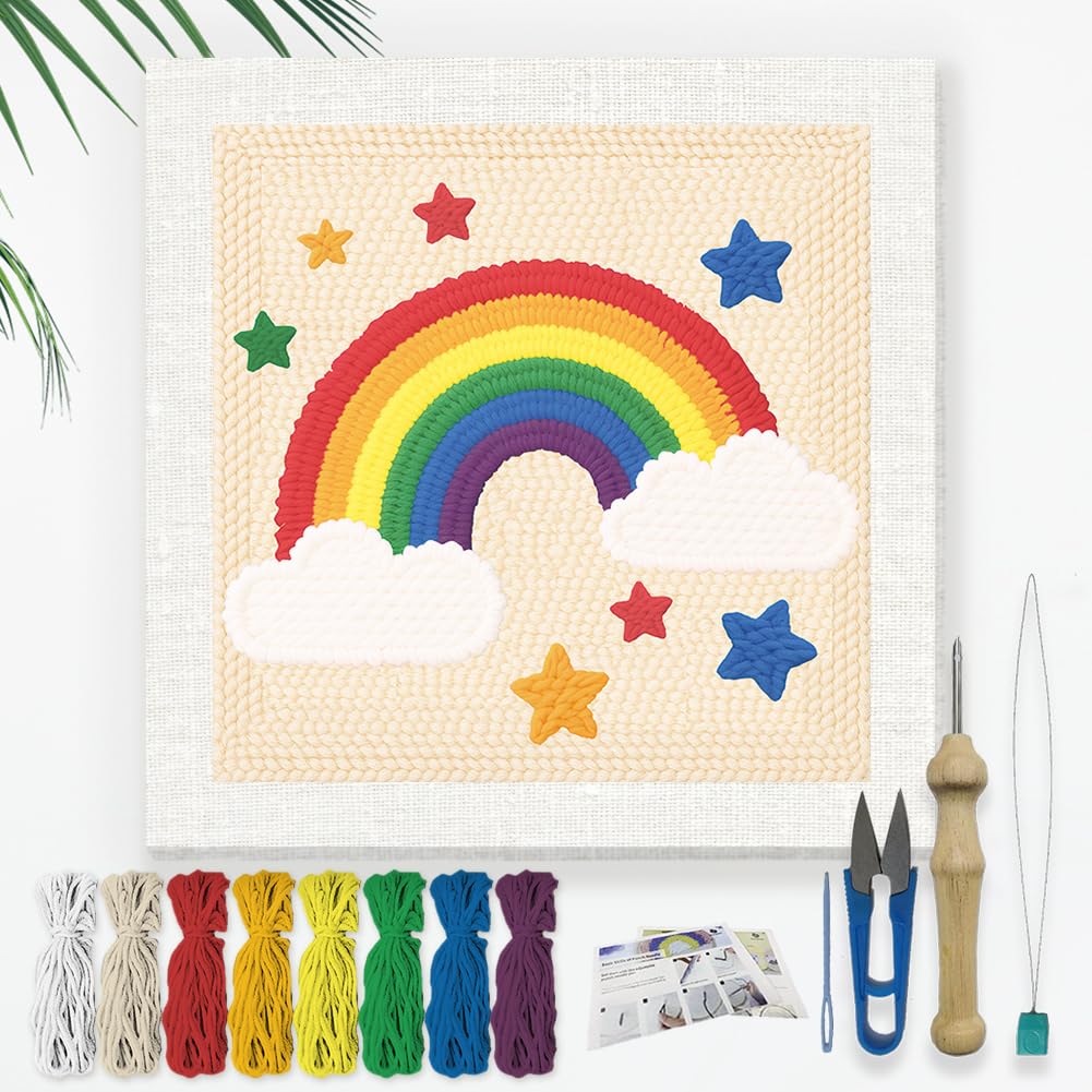 DOODLREAM Cartoon Rainbow DIY Punch Needle Embroidery Kit for Adult Beginner 24 cm Punch Stitching Craft Set for Starter with Frame Fabric Pattern