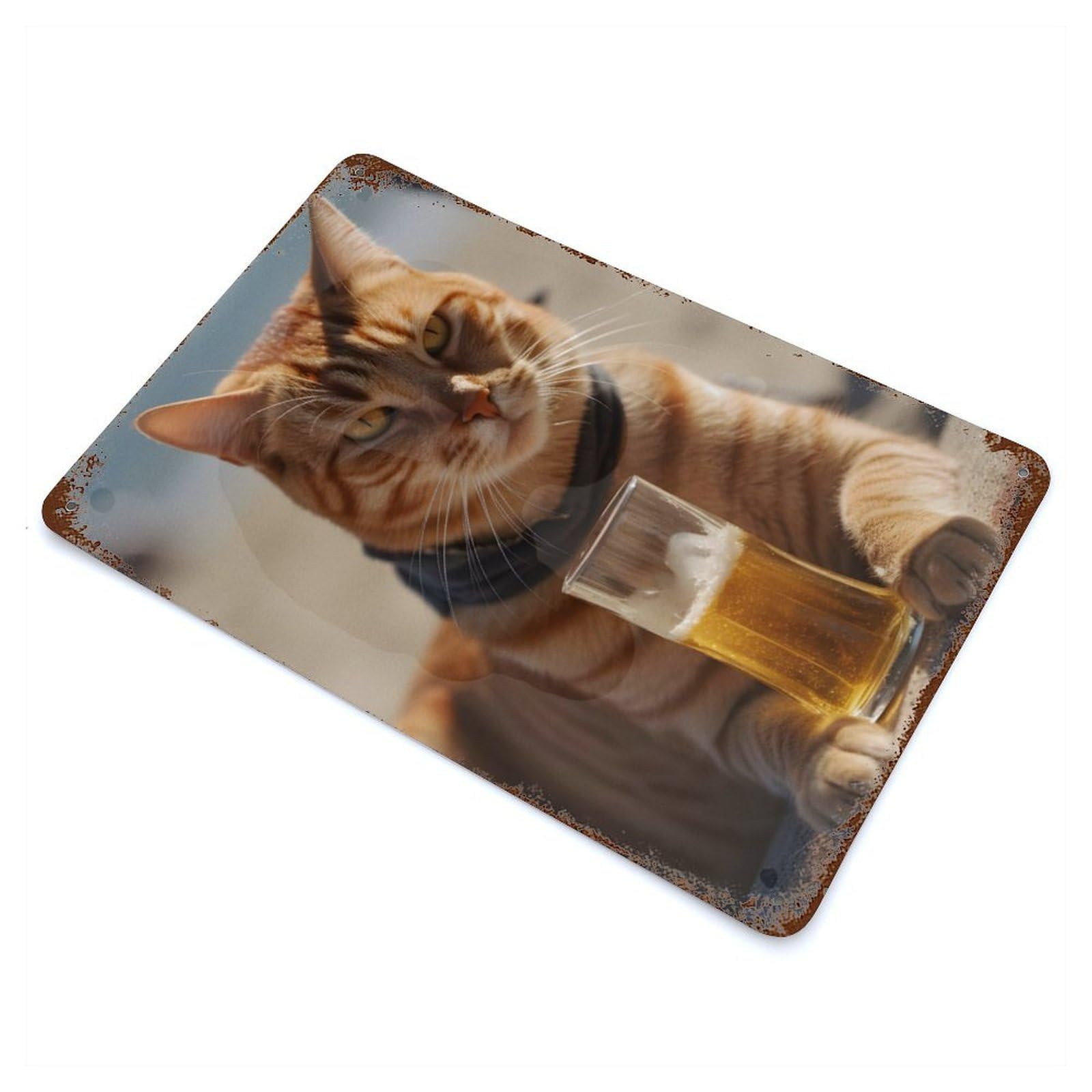Funny Cat And Beer Rust Effect Tin Sign 11.8"x7.9", Ideal for Farmhouse, Kitchen And Entryway Decor