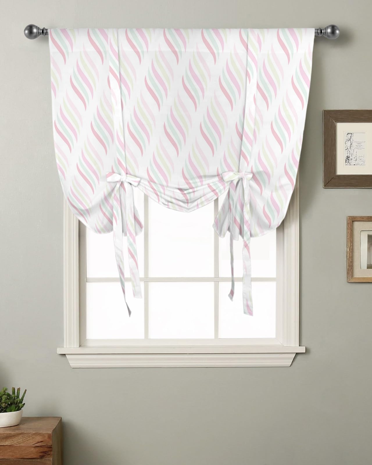 Yukro Tie Up Curtains Window Shades, Line Geometric Gradient Natural Texture Rod Pocket Tie Up Window Shade, Adjustable Balloon Curtain Shade for Blinds Kitchen Bathroom, 1 Panel, 52