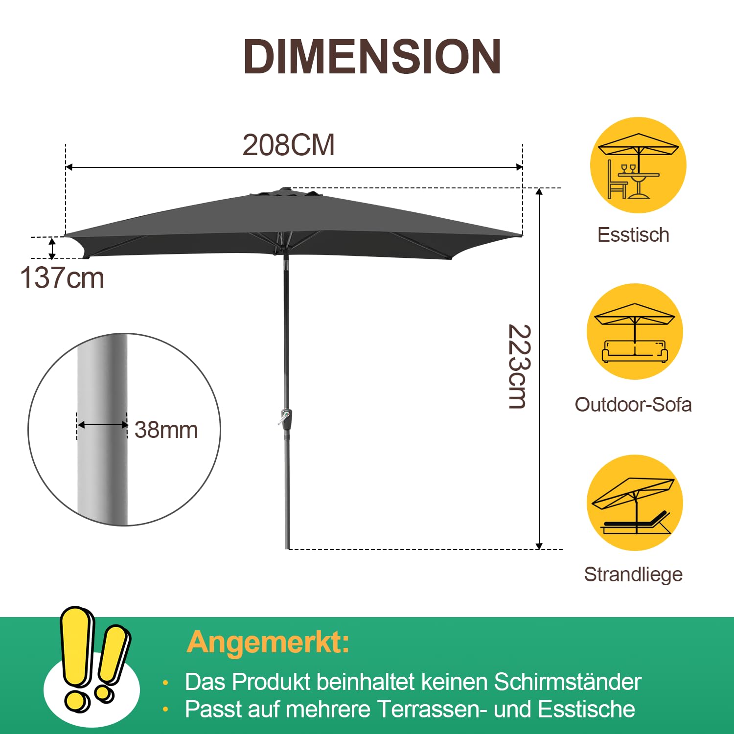 Fiqops Parasol przeciwsłoneczny 210 x 140 / 300 x 200 cm z korbą, prostokątny, ochrona przed słońcem, UV50+, składany, wodoszczelny, do ogrodu, na taras, bez stojaka, Szary bez LED, 210 x 140cm