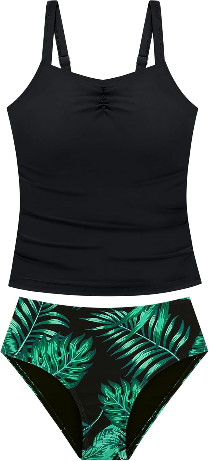 Weixinbuy Girls Tankini Swimsuit 2 Piece Bathing Suit for Teens Ruched Swim Tank Top and Print Bottom Swimwear for Girl 9-16Y
