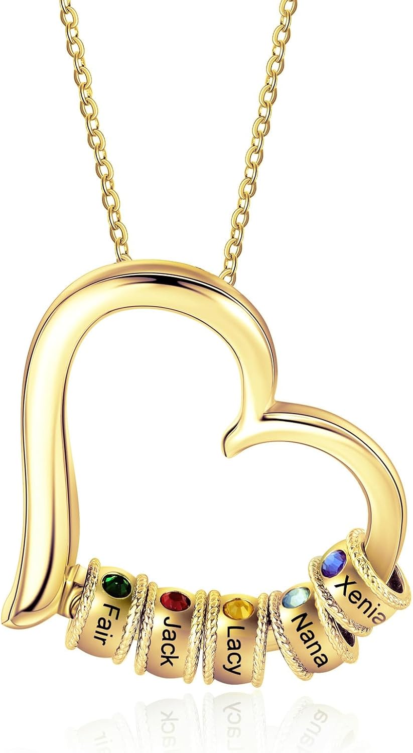 Personalized Women's Pendant Necklace 925 Sterling Silver with 1-5 Simulated Birthstone Names Customized Heart Shape Cubic Zirconia Necklace