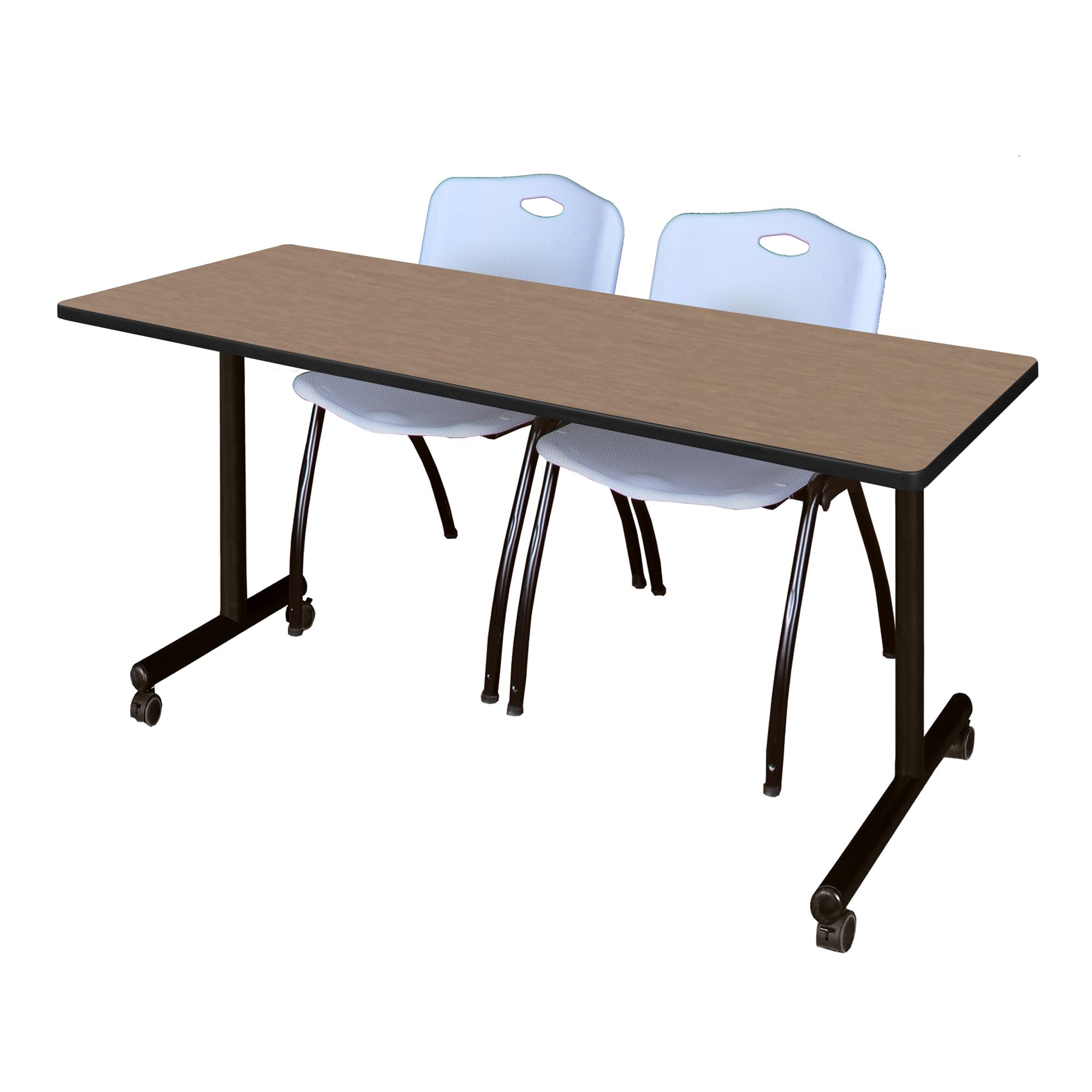 Romig Axis-Pro 72 x 24 in. Mobile T-Base Training Table- Noble Oak, 2 M Stack Chairs- Grey