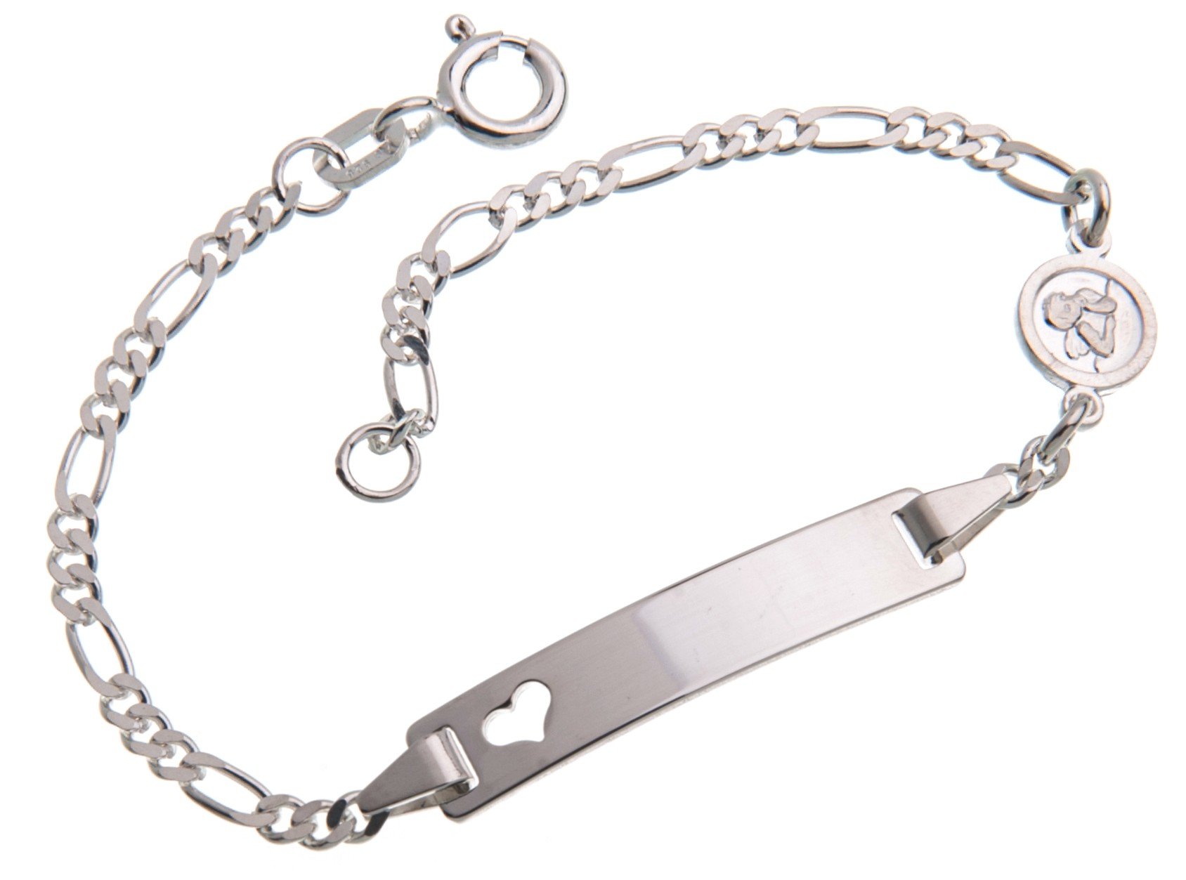 Silberketten Store Baby- & Kinder ID Armband mit Herz & Engel-Anhänger inkl. Gravur & Geschenksäckchen I aus 925 Silber I nickelfrei für Allergiker geeignet I 10 Schriftarten
