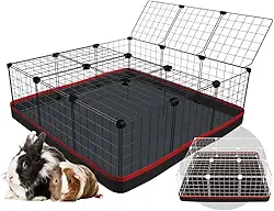 Cercado Gaiola para Porquinho da Índia 90x90cm com Teto e Bandeja Higiênica Tapete Impermeável Fácil de Limpar Cercadinho Coelho (Tela Preta e Tapete Laranja)