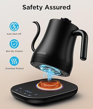 KOIOS Gooseneck Electric Kettle with 1F Temperature Control & Mute Mode, 0.8L Pour Over Kettle for Coffee & Tea, 1200W Quick Heating Stainless Steel Water Boiler with 4Hrs Keep Warm, Matt Black