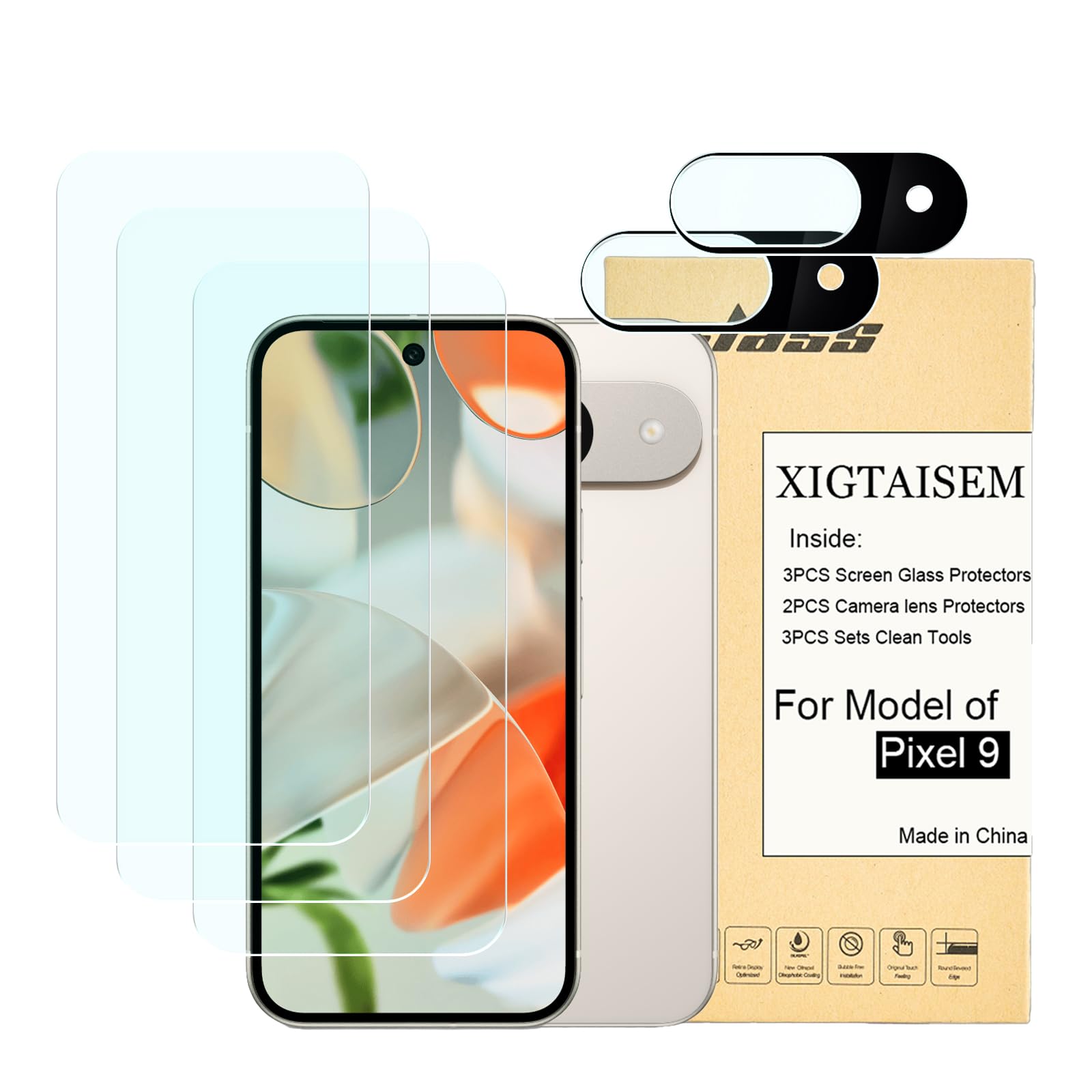 Paquete de 3 + 2 protectores de pantalla para Google Pixel 9, pantalla de 6.3 pulgadas, paquete de 3 protectores de pantalla y 2 protectores de lente de cámara, bordes curvados 2.5D,