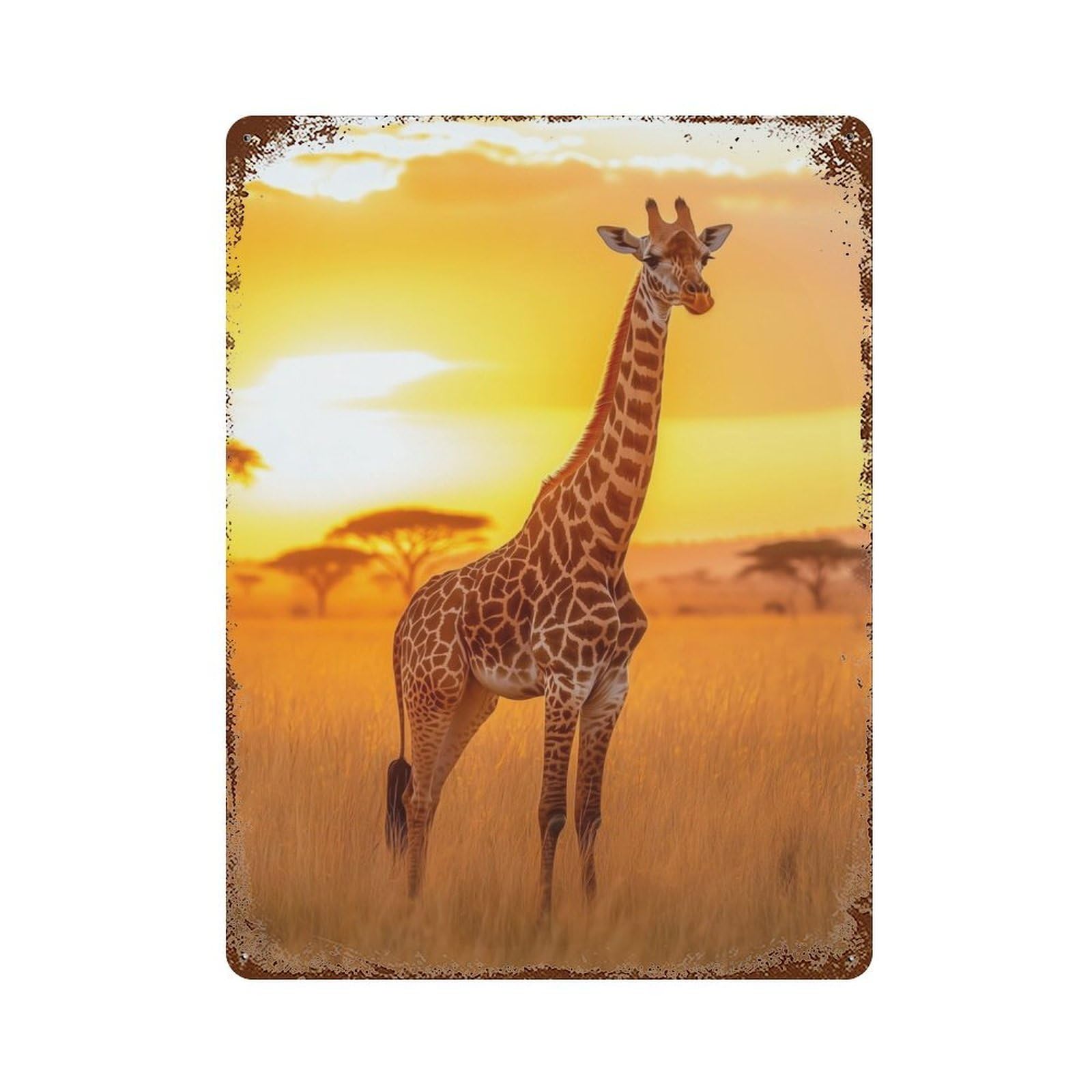 Rustic Tin Plaque with Giraffe at Sunset Design 15.7"x11.8", for Cafe, Home Bar And Lounge Decor, Industrial Home Decor