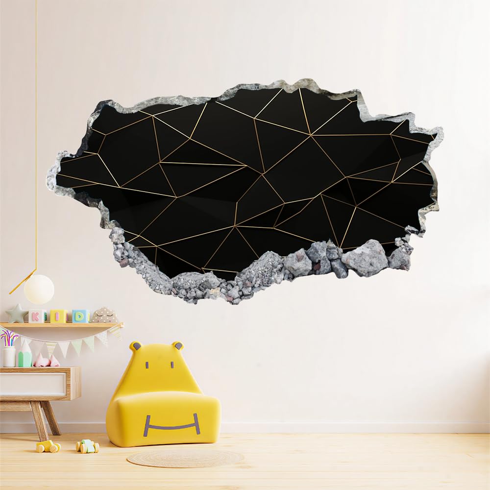3D Wandtattoo Durchbruch Wanddeko Geometrie Wanddurchbruch sticker Wandbild Wandsticker Schwarze Und Goldene Linien Wohnzimmer Wanddeko Wandaufkleber für Kinderzimmer Mädchen Teenager Zimmer