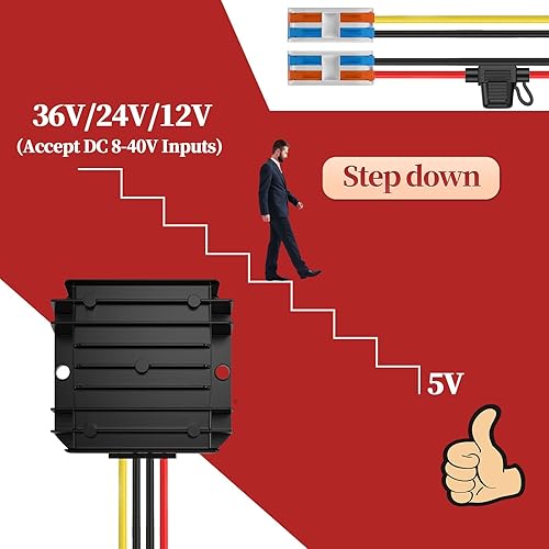 Miniatura 2 de Convertidor de 12 V a 5 V 10 A 50 W, convertidor de 24 V a 5 V con fusible impermeable y bloque de terminales de cable, convertidor Buck de 24 V a 5