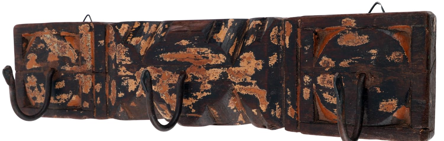 GURU SHOP Masywny wieszak na ubrania, wieszak ścienny, wieszak na ubrania, garderoba ze starych elementów drewnianych - model 16, brązowy, wieszak ścienny z drewna, metalu i ceramiki