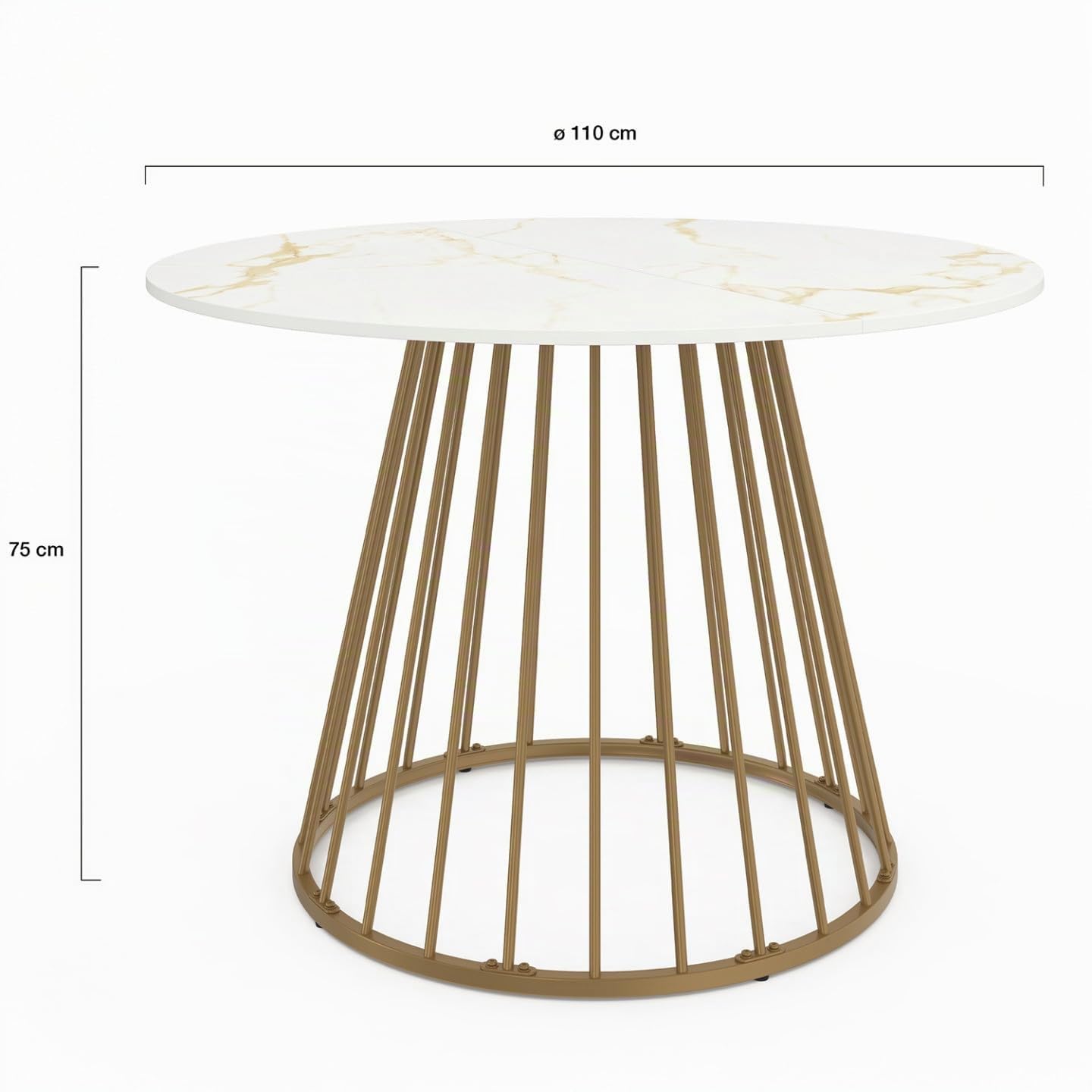 IDMarket - Mesa de comedor redonda YUNA 6 personas con pie de alambre de latón y mesa con efecto mármol blanco Alaska 110 cm