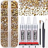 Rhinestones Glue Kit with Gems for Craft, Aurehen 5000Pcs Gold Resin Rhinestones Flat Back Non Hotfix with 3Pcs Clear Adhesive Glue & Tweezer for DIY Clothes Shoes Jewelry Making Nail Art