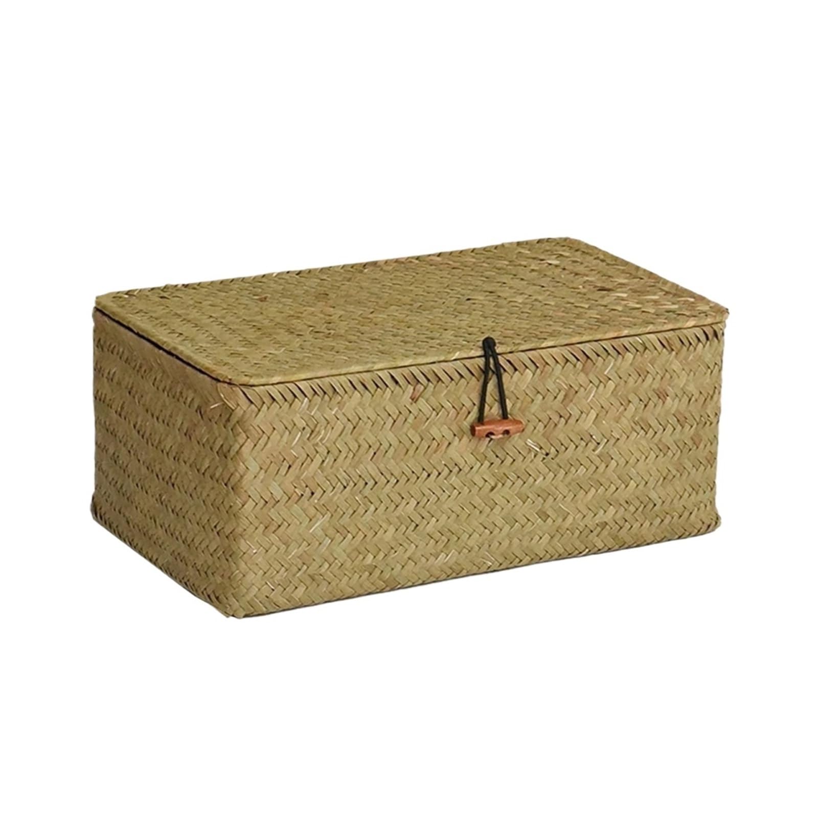 Seaweed Woven Storage Basket Handmade Seagrass Box with Lid Sundries Organzier Baskets Cosmetic Clothes Container For Storage(Green,S(23x13x8cm))