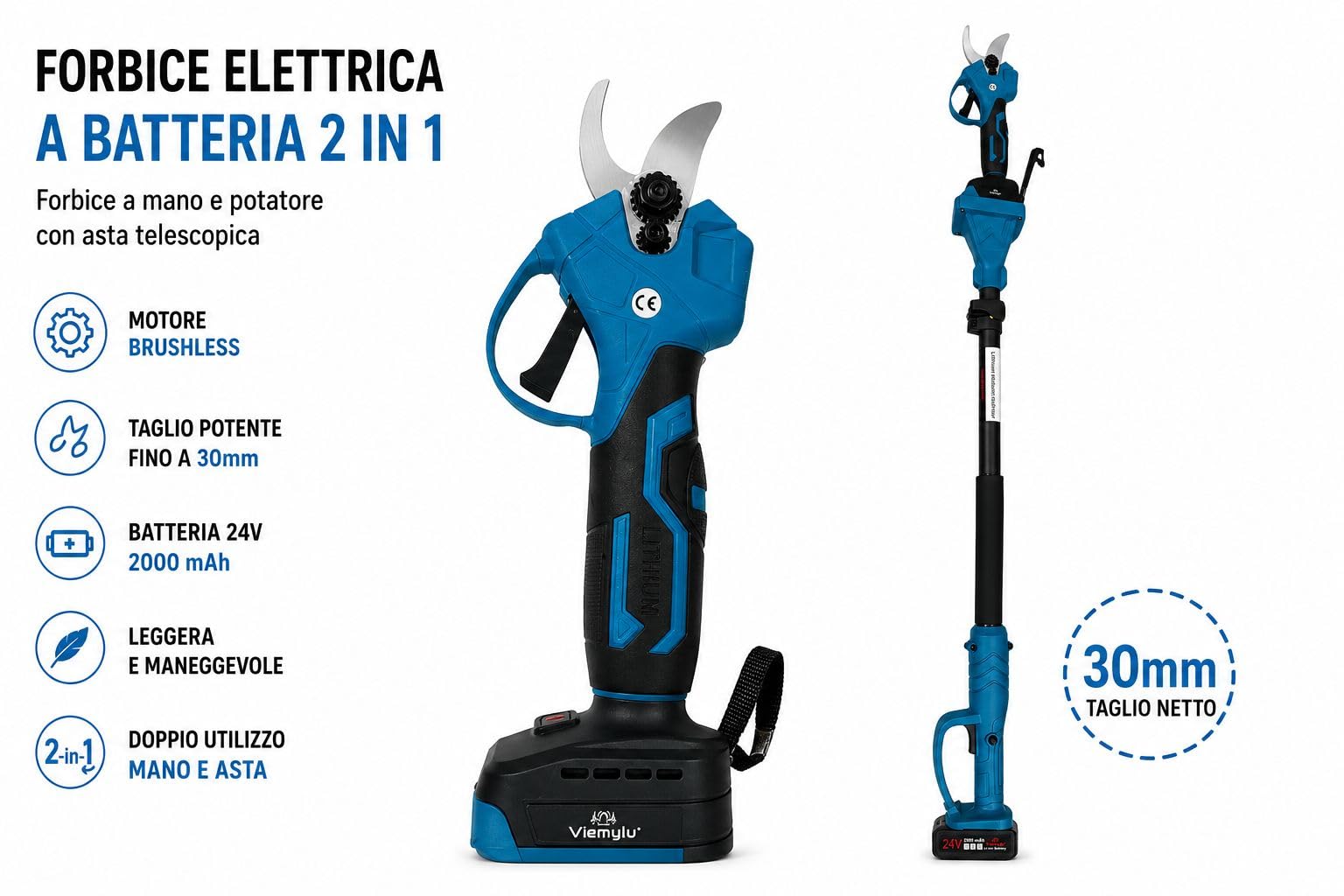 Kit Potatura 2 in 1, Forbice Elettrica a Batteria 24V 2000mAh con Asta Telescopica, Taglio fino a 30mm, Motore Brushless