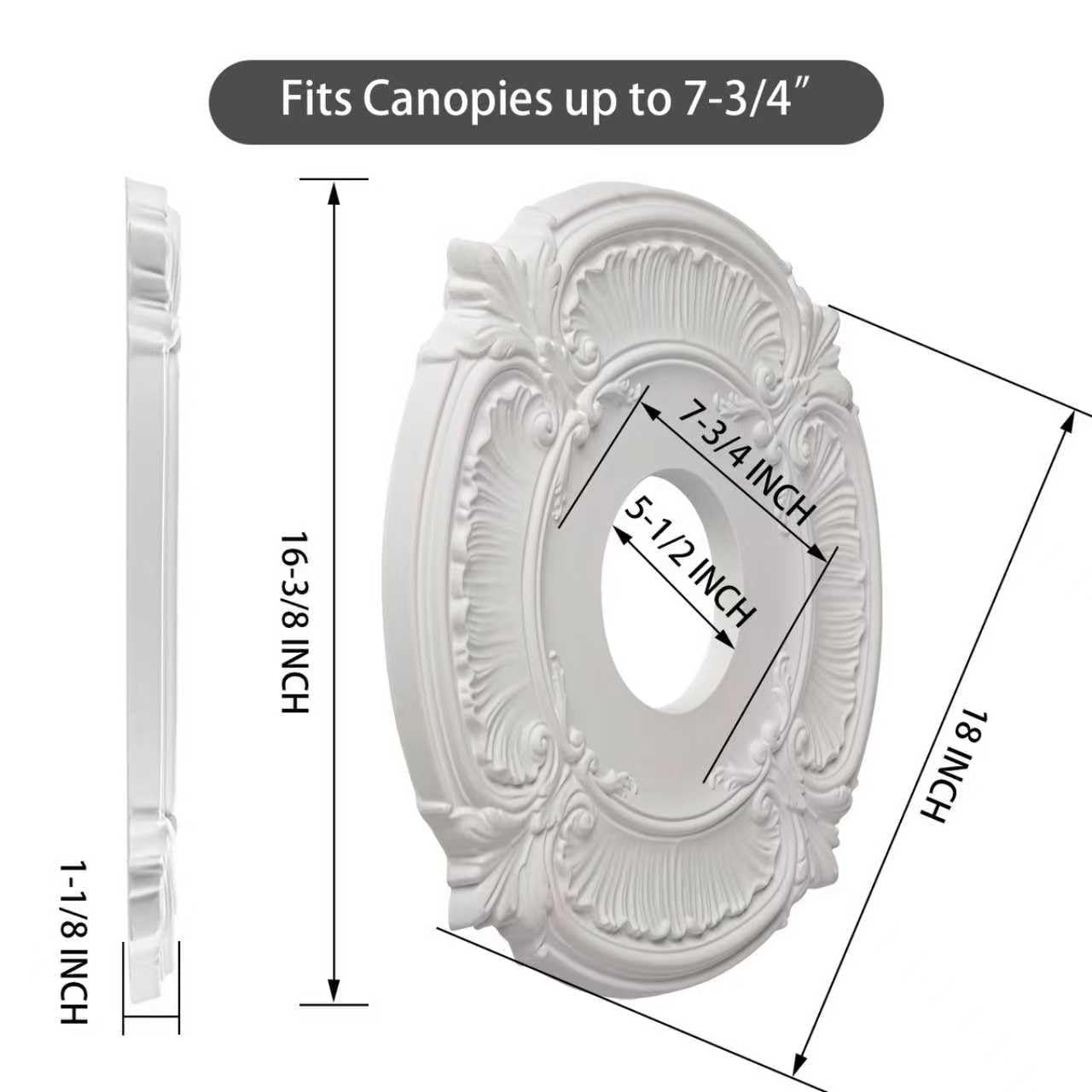 EIFHYT Primed Urethane Ceiling Medallion for Light Fixtures and Ceiling Fans, 18"OD x 4"ID x 1-1/8"P (Fits Canopies up to 7-3/4") White. — Amazon image 3