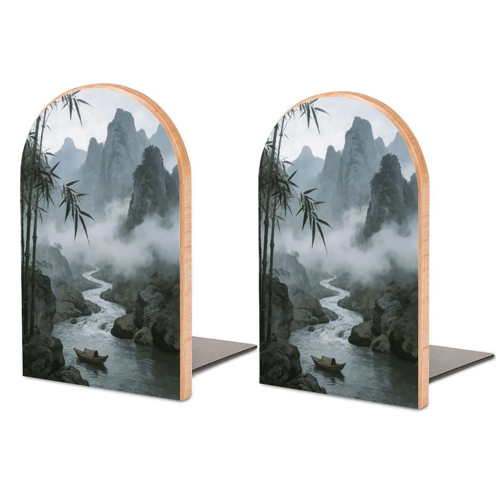 Rainy and Misty Return of The Boat Book End for Shelves Book Shelf Holder Home Decorative Non Skid Book Stoppers Universal Economy Bookend Wood Handmade Heavy Duty Bookend for Home Office 1 Pair