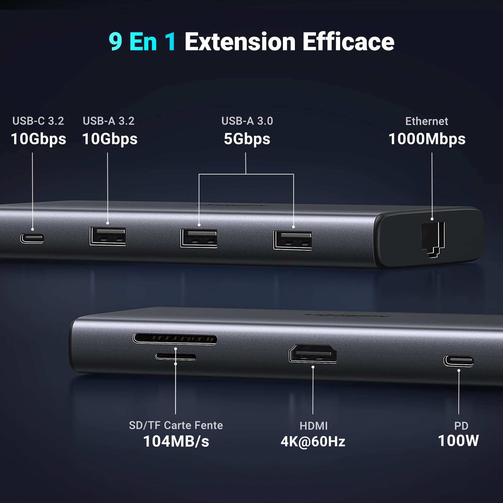 UGREEN Revodok Pro 109 Hub USB C 10Gbps 9 en 1 Docking Station Multi Ports | HDMI 4K 60Hz, 10Gbps Transfert Rapide, Ethernet Gigabit, Lecteur de Carte SD TF, PD 100W, Compatible avec MacBook Pro Air Neo