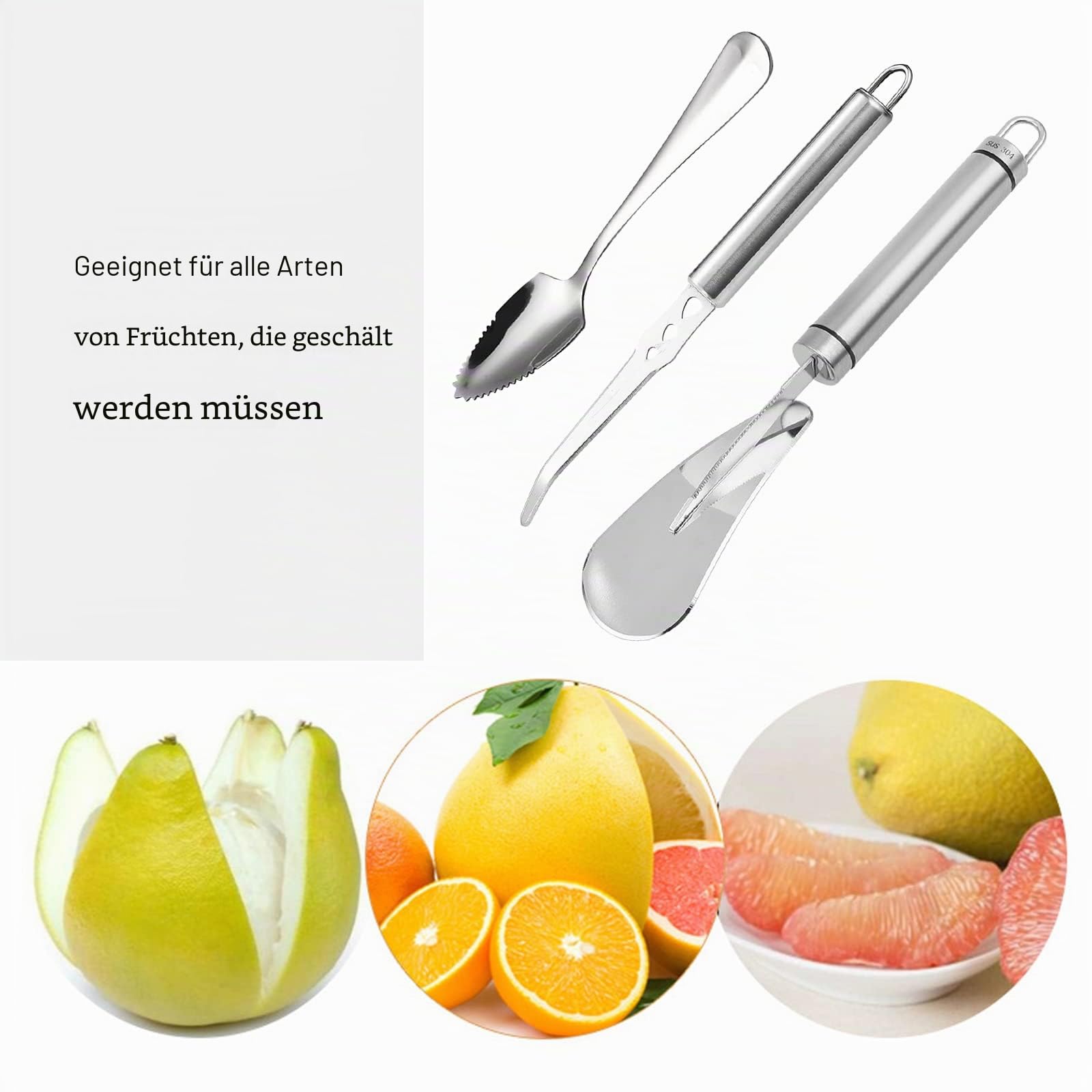 Grapefruitmesser Edelstahl 3 Stück - Gebogen Mit Grapefruitlöffel und Orangenschäler - Für Grapefruit und Orangen Küchenwerkzeug